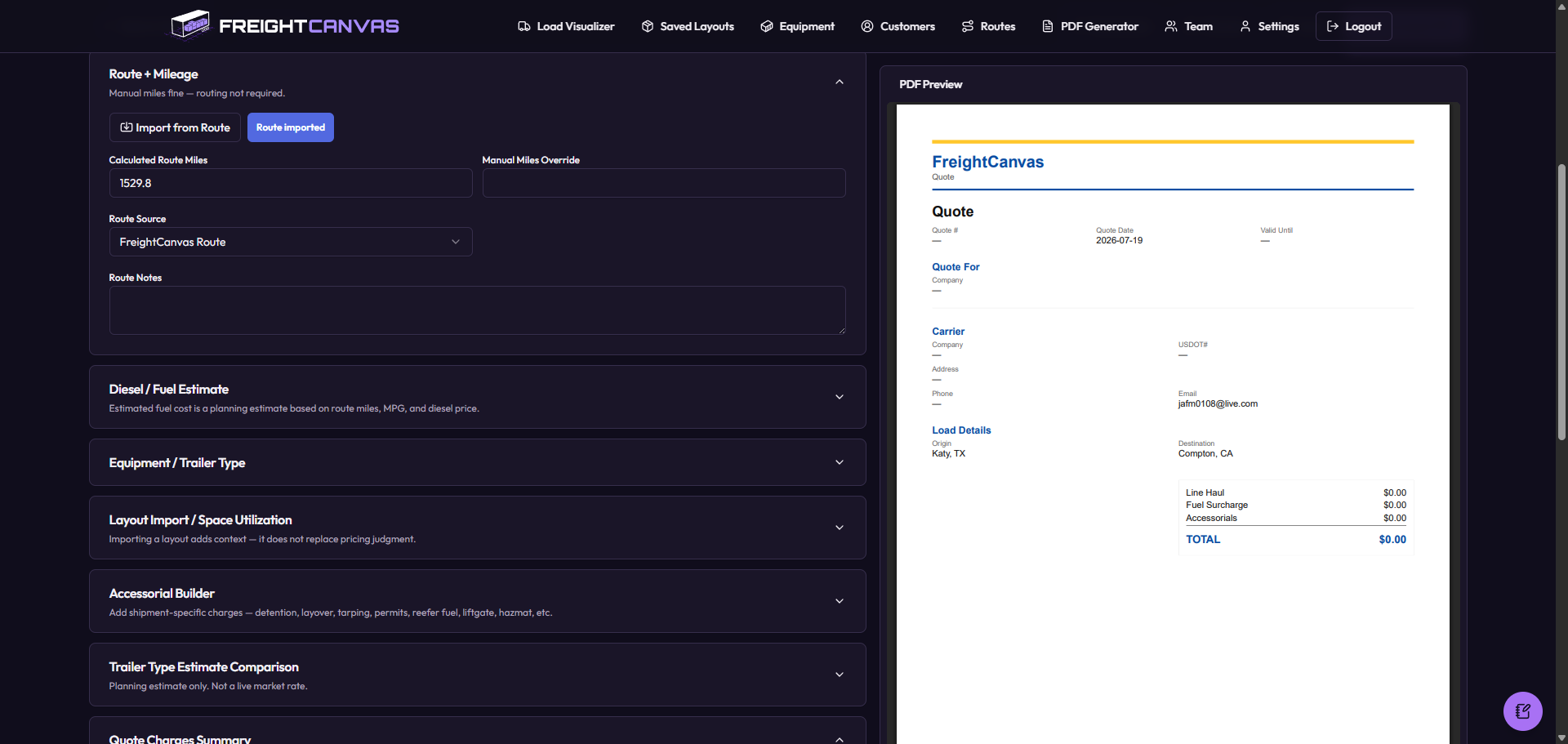 FreightCanvas freight quote builder with route mileage, fuel estimate, equipment and accessorial charges