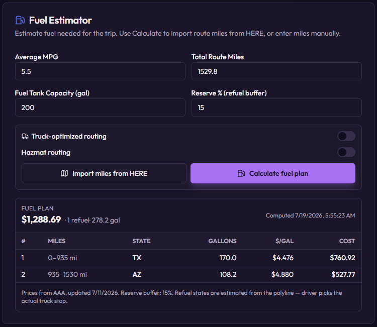 FreightCanvas fuel estimator showing state by state diesel prices, refuel stops and total trip fuel cost