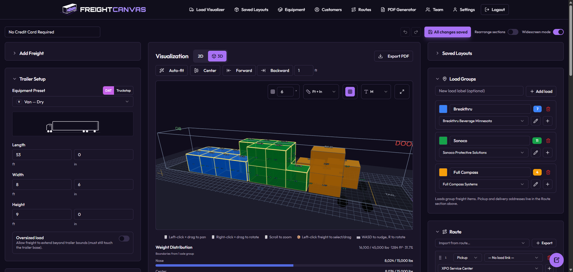 FreightCanvas 3D load visualizer showing pallets arranged inside a 53 foot trailer with weight and axle readouts