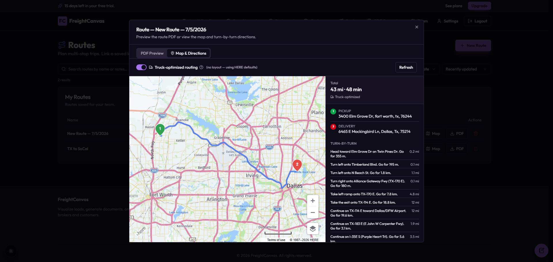 Route planning preview with map and turn-by-turn directions