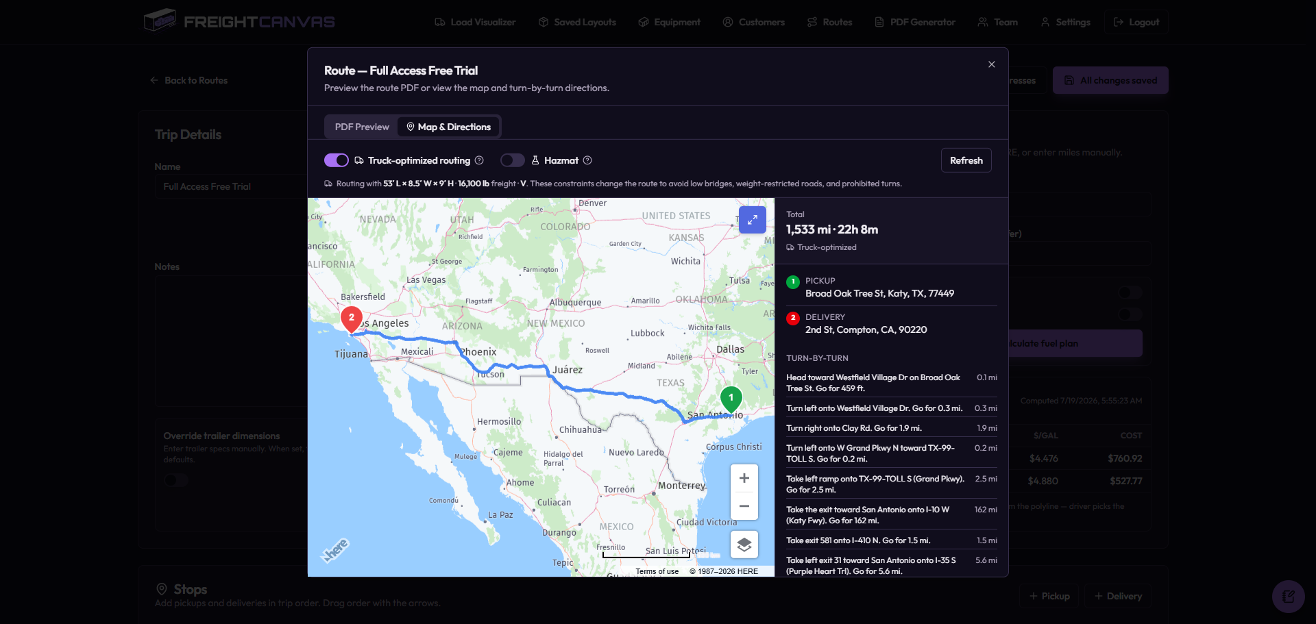 FreightCanvas truck-aware route map with multi-stop directions, trailer dimensions and hazmat routing options